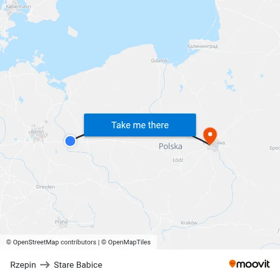 Rzepin to Stare Babice map