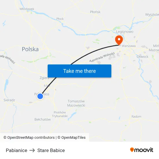 Pabianice to Stare Babice map