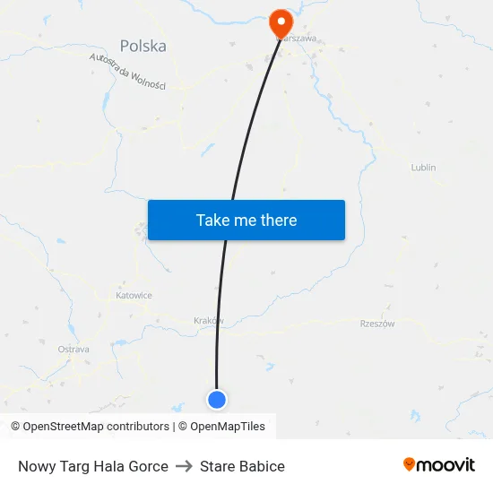 Nowy Targ Hala Gorce to Stare Babice map