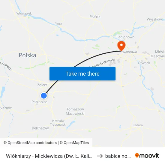 Włókniarzy - Mickiewicza (Dw. Ł. Kaliska) to babice nowe map