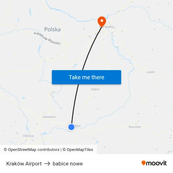 Kraków Airport to babice nowe map