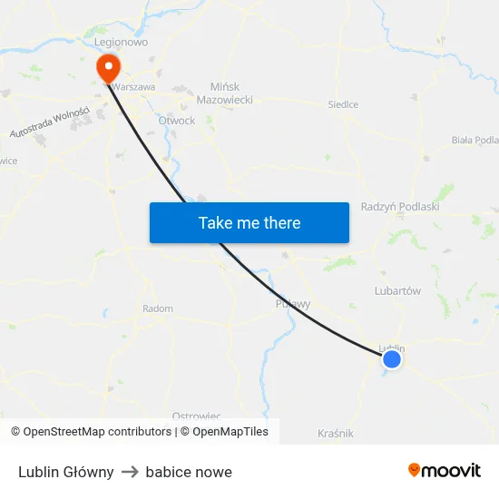 Lublin Główny to babice nowe map