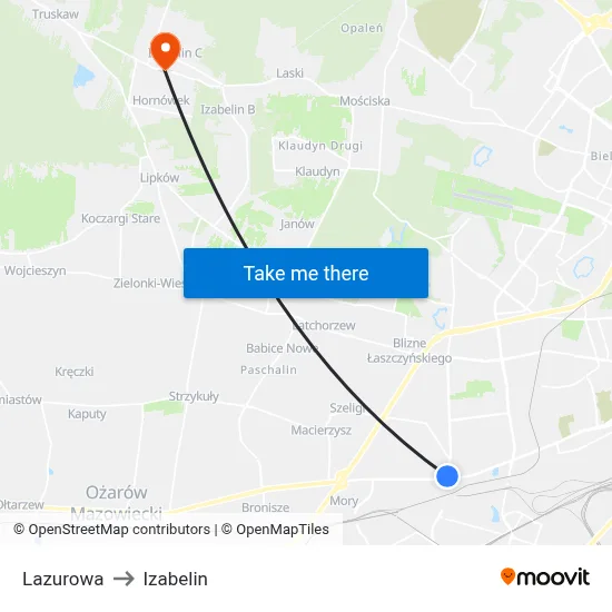 Lazurowa to Izabelin map