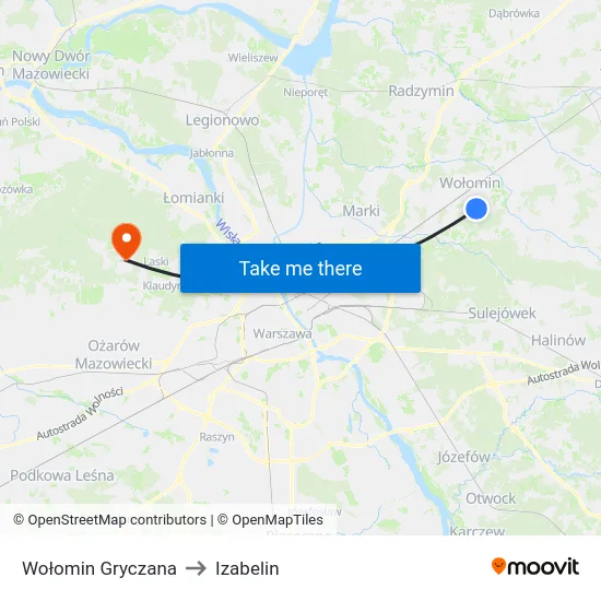 Wołomin Gryczana to Izabelin map