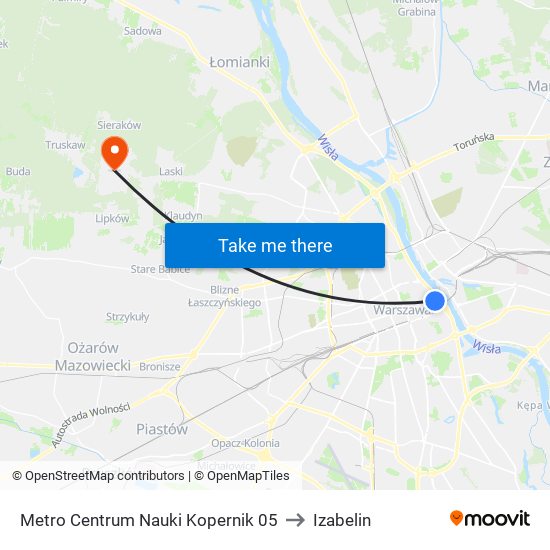 Metro Centrum Nauki Kopernik to Izabelin map