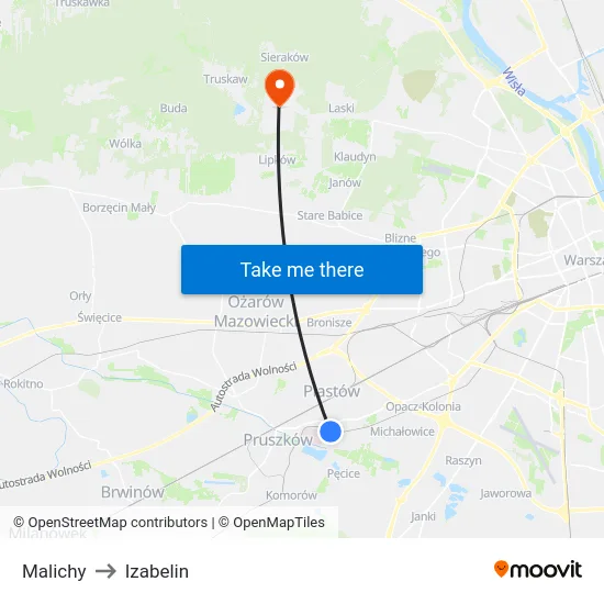 Malichy to Izabelin map