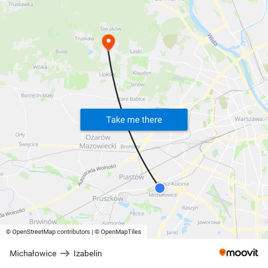 Michałowice to Izabelin map