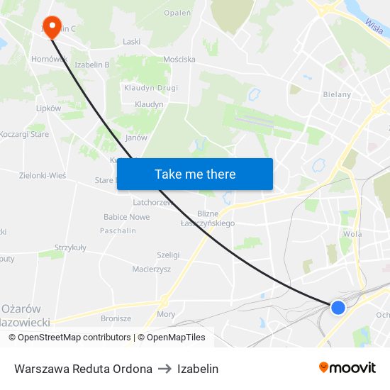 Warszawa Reduta Ordona to Izabelin map