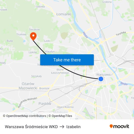 Warszawa Śródmieście WKD to Izabelin map