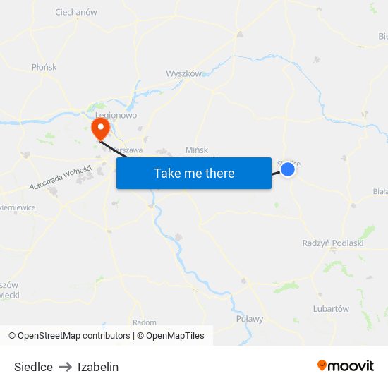 Siedlce to Izabelin map