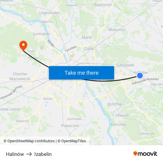 Halinów to Izabelin map