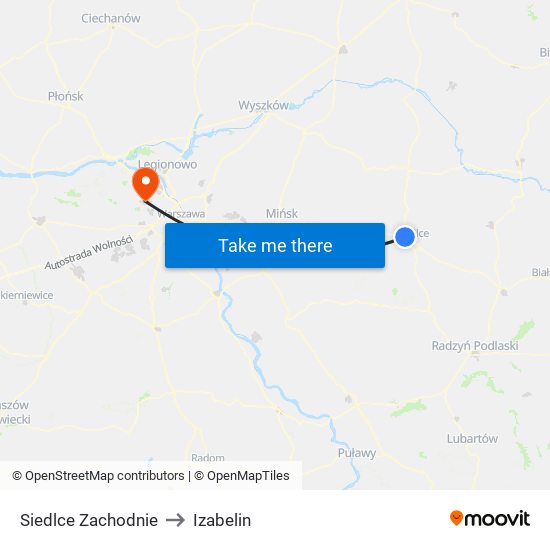 Siedlce Zachodnie to Izabelin map