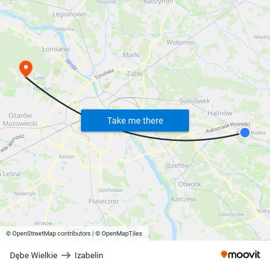 Dębe Wielkie to Izabelin map