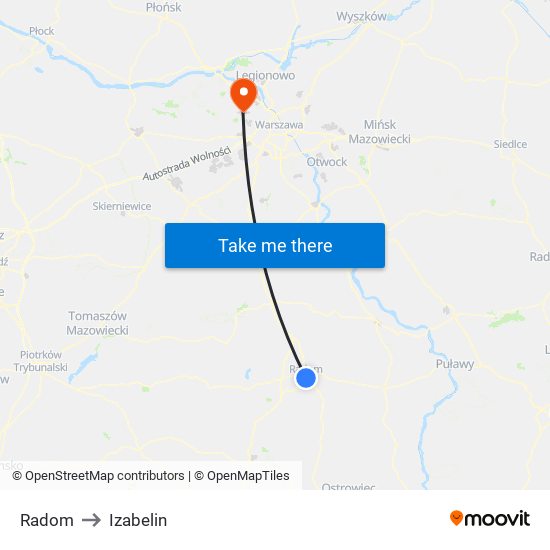 Radom to Izabelin map