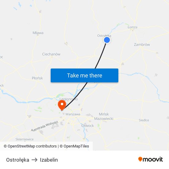 Ostrołęka to Izabelin map