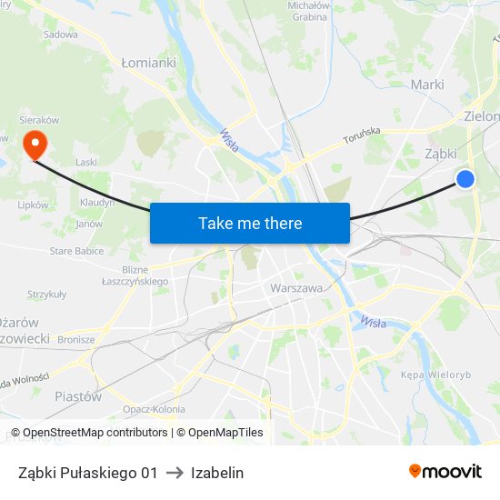 Ząbki Pułaskiego 01 to Izabelin map