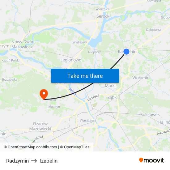 Radzymin to Izabelin map