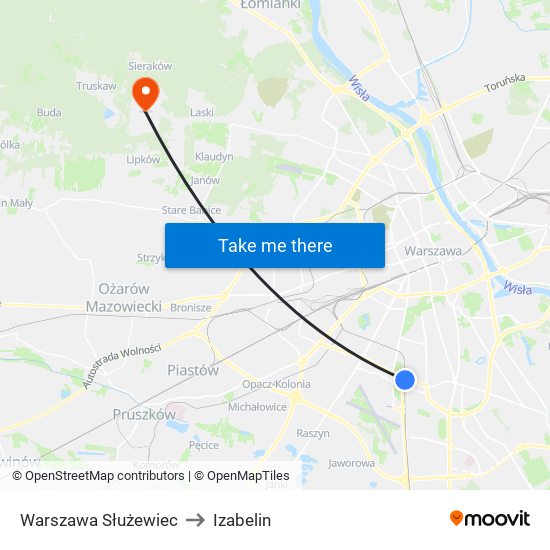 Warszawa Służewiec to Izabelin map