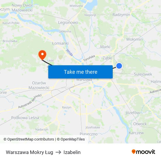 Warszawa Mokry Ług to Izabelin map