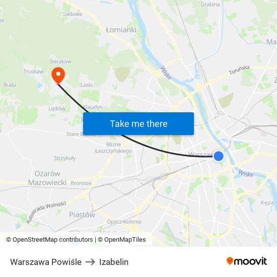 Warszawa Powiśle to Izabelin map