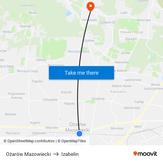 Ożarów Mazowiecki to Izabelin map