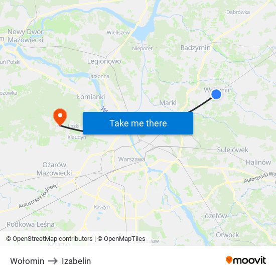 Wołomin to Izabelin map