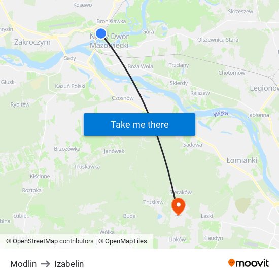 Modlin to Izabelin map