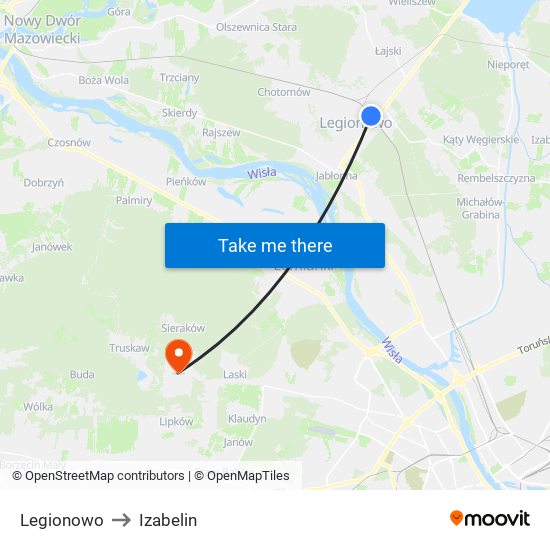 Legionowo to Izabelin map