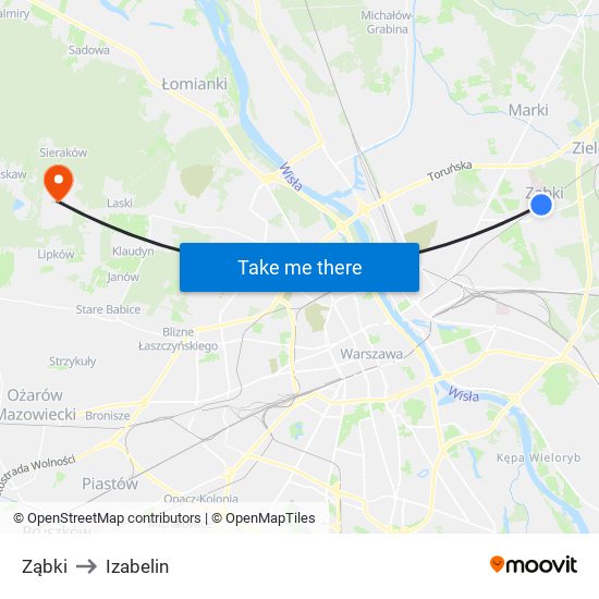 Ząbki to Izabelin map