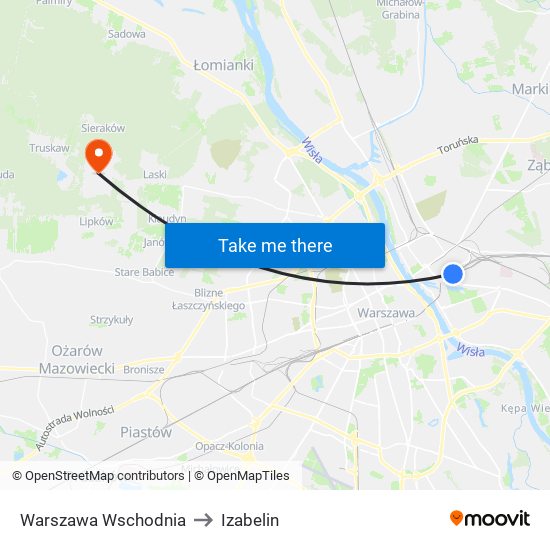 Warszawa Wschodnia to Izabelin map