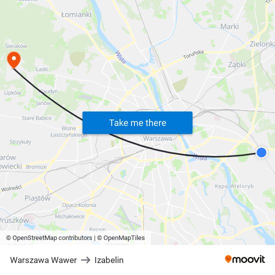 Warszawa Wawer to Izabelin map