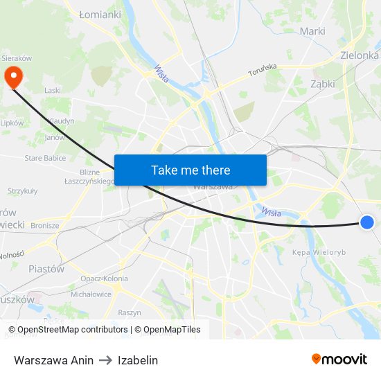 Warszawa Anin to Izabelin map