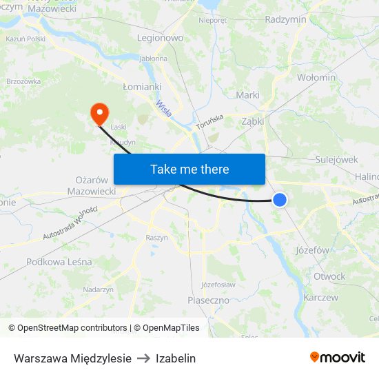 Warszawa Międzylesie to Izabelin map