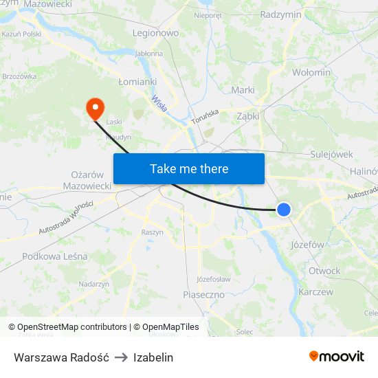 Warszawa Radość to Izabelin map