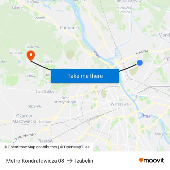 Metro Kondratowicza to Izabelin map