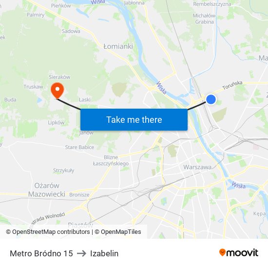 Metro Bródno 15 to Izabelin map