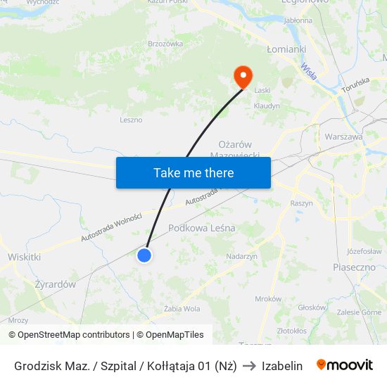 Grodzisk Maz. / Szpital / Kołłątaja 01 (Nż) to Izabelin map