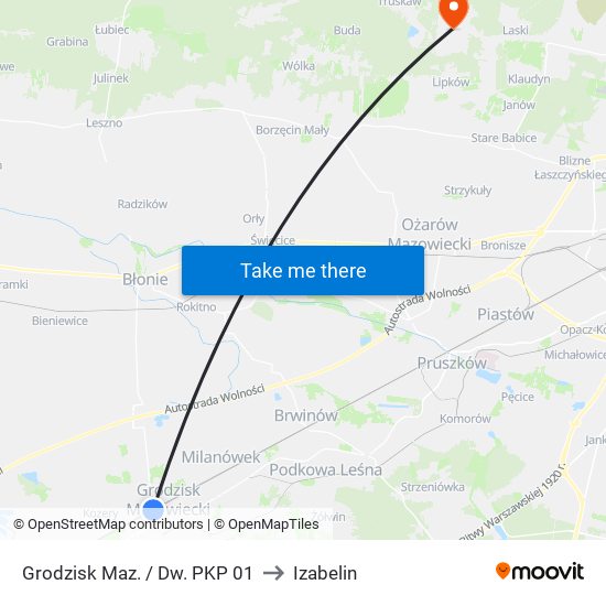 Grodzisk Maz. / Dw. PKP 01 to Izabelin map