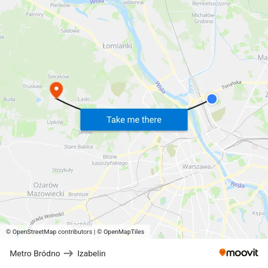Metro Bródno to Izabelin map