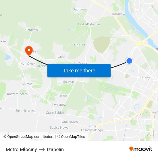 Metro Młociny to Izabelin map