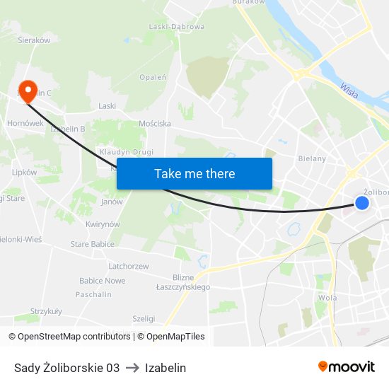 Sady Żoliborskie to Izabelin map