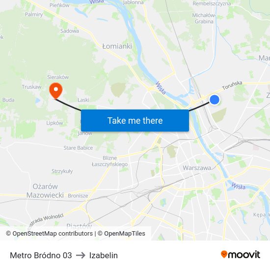 Metro Bródno to Izabelin map