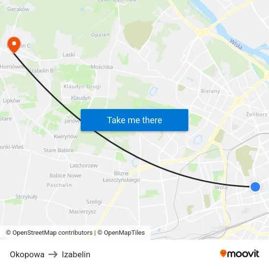 Okopowa to Izabelin map