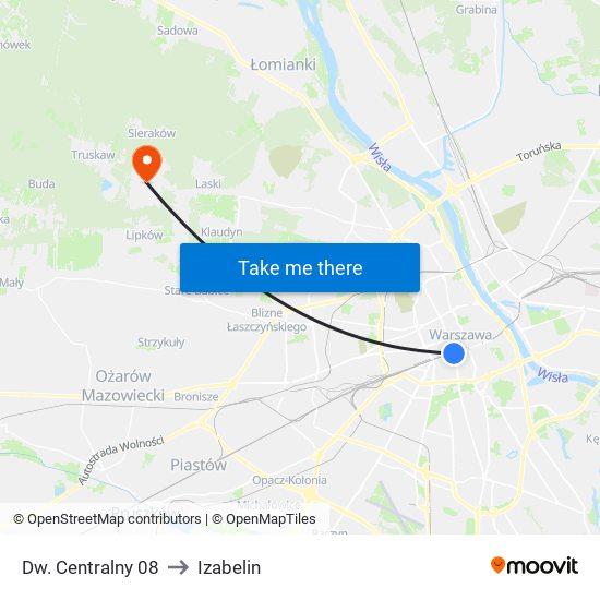 Dw. Centralny 08 to Izabelin map