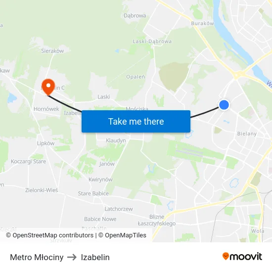 Metro Młociny to Izabelin map