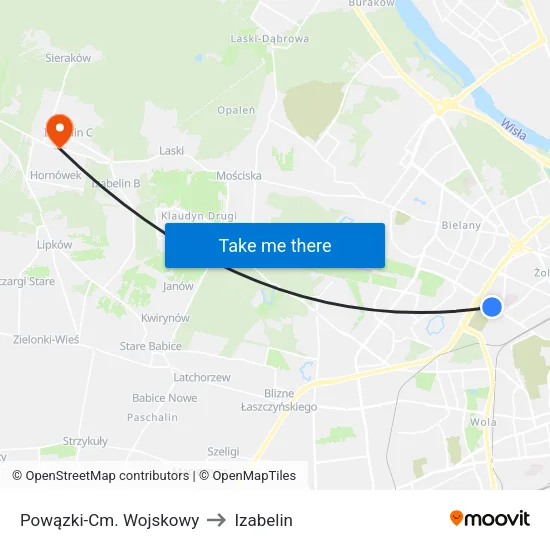 Powązki - Cm. Wojskowy to Izabelin map