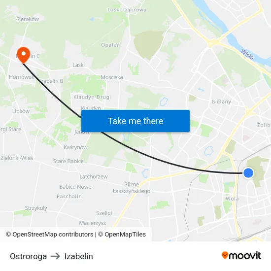 Ostroroga to Izabelin map