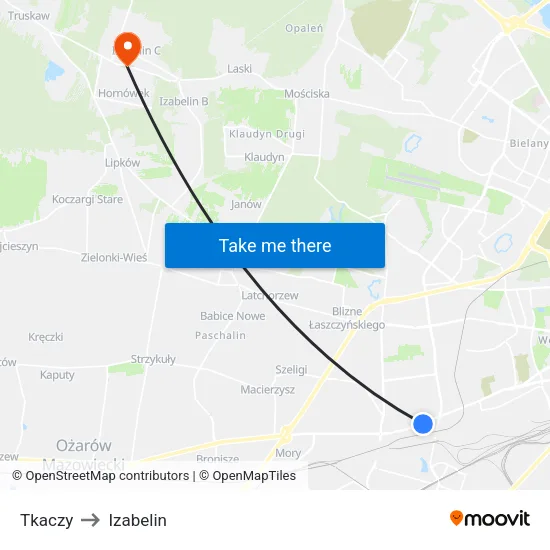 Tkaczy to Izabelin map