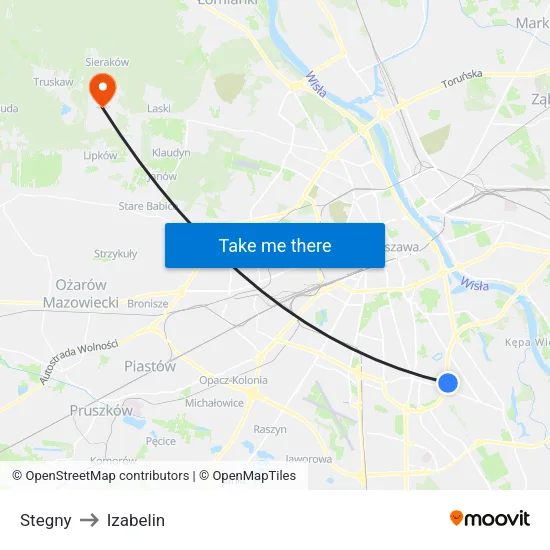Stegny to Izabelin map