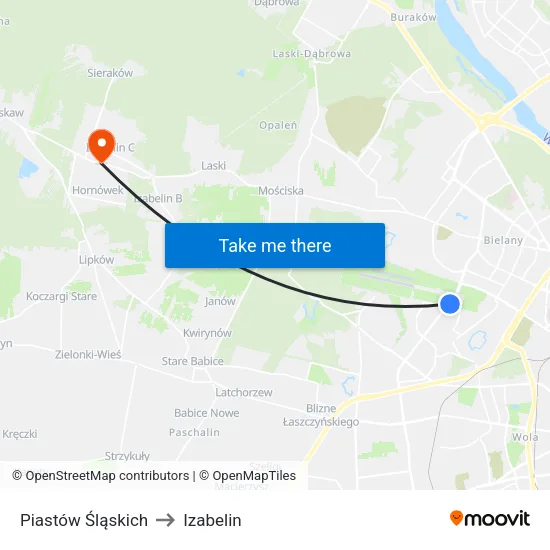 Piastów Śląskich to Izabelin map